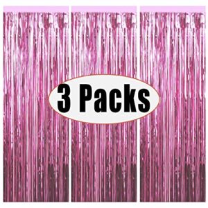 3 Packs 3.2ft x 6.6ft Light Pink Metallic Tinsel Foil Fringe Curtains Photo Booth Props for Birthday Wedding Engagement Bridal Shower Baby Shower Bachelorette Holiday Celebration Party Decorations