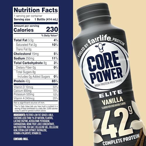 Core Power Fairlife Elite 42g High Protein Milk Shake Bottle, Ready To Drink for Workout Recovery, kosher, Liquid, Vanilla, 14 Fl Oz (Pack of 12)