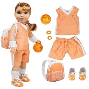 dress along dolly basketball uniform outfit for 18" girl dolls (8 piece set) - includes premium handmade doll clothes & accessories- costume sports apparel for doll, gift for girls kids birthday