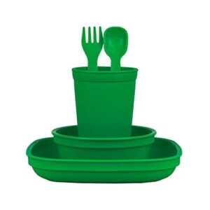 re-play made in usa toddler dinnerware set - 10 oz. open cup, 7" flat plate, 12 oz. bowl, rounded tip fork and deep scoop spoon - dishwasher/microwave safe plastic dinnerware set - kelly green