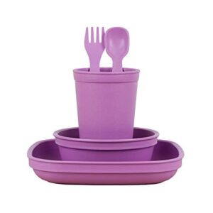 re-play made in usa toddler dinnerware set - 10 oz. open cup, 7" flat plate, 12 oz. bowl, rounded tip fork and deep scoop spoon - dishwasher/microwave safe plastic dinnerware set - purple