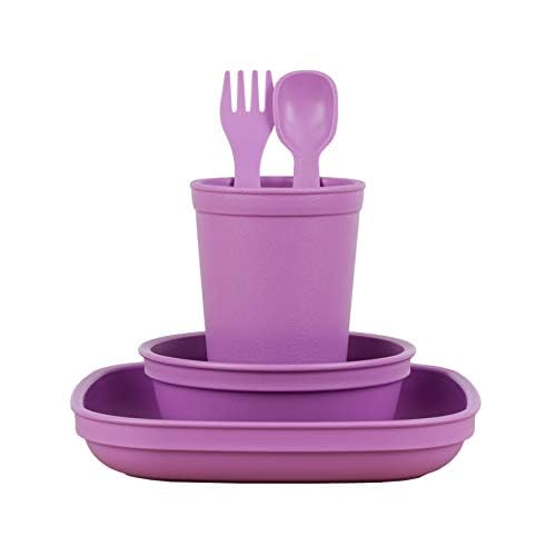 Re-Play Made in USA Toddler Dinnerware Set - 10 oz. Open Cup, 7" Flat Plate, 12 Oz. Bowl, Rounded Tip Fork and Deep Scoop Spoon - Dishwasher/Microwave Safe Plastic Dinnerware Set - Purple