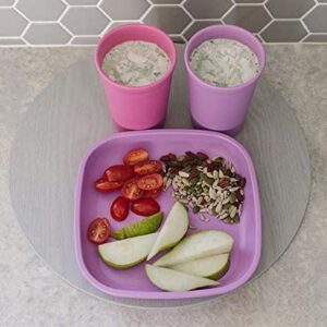 Re-Play Made in USA Toddler Dinnerware Set - 10 oz. Open Cup, 7" Flat Plate, 12 Oz. Bowl, Rounded Tip Fork and Deep Scoop Spoon - Dishwasher/Microwave Safe Plastic Dinnerware Set - Purple