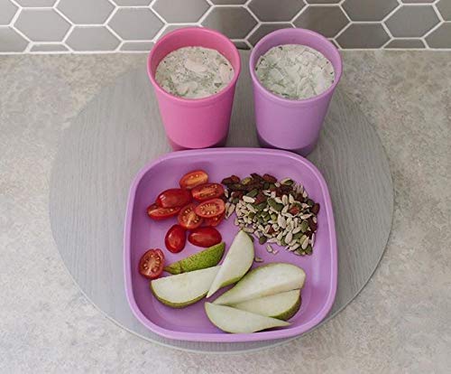 Re-Play Made in USA Toddler Dinnerware Set - 10 oz. Open Cup, 7" Flat Plate, 12 Oz. Bowl, Rounded Tip Fork and Deep Scoop Spoon - Dishwasher/Microwave Safe Plastic Dinnerware Set - Purple
