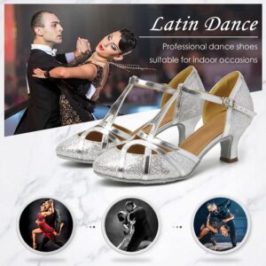 DKZSYIM Glitter Women Latin Dance Shoes Closed Toe Ballroom Salsa Tango Practice Performence Party Dancing Shoes,511-Silver-5,US 8.5