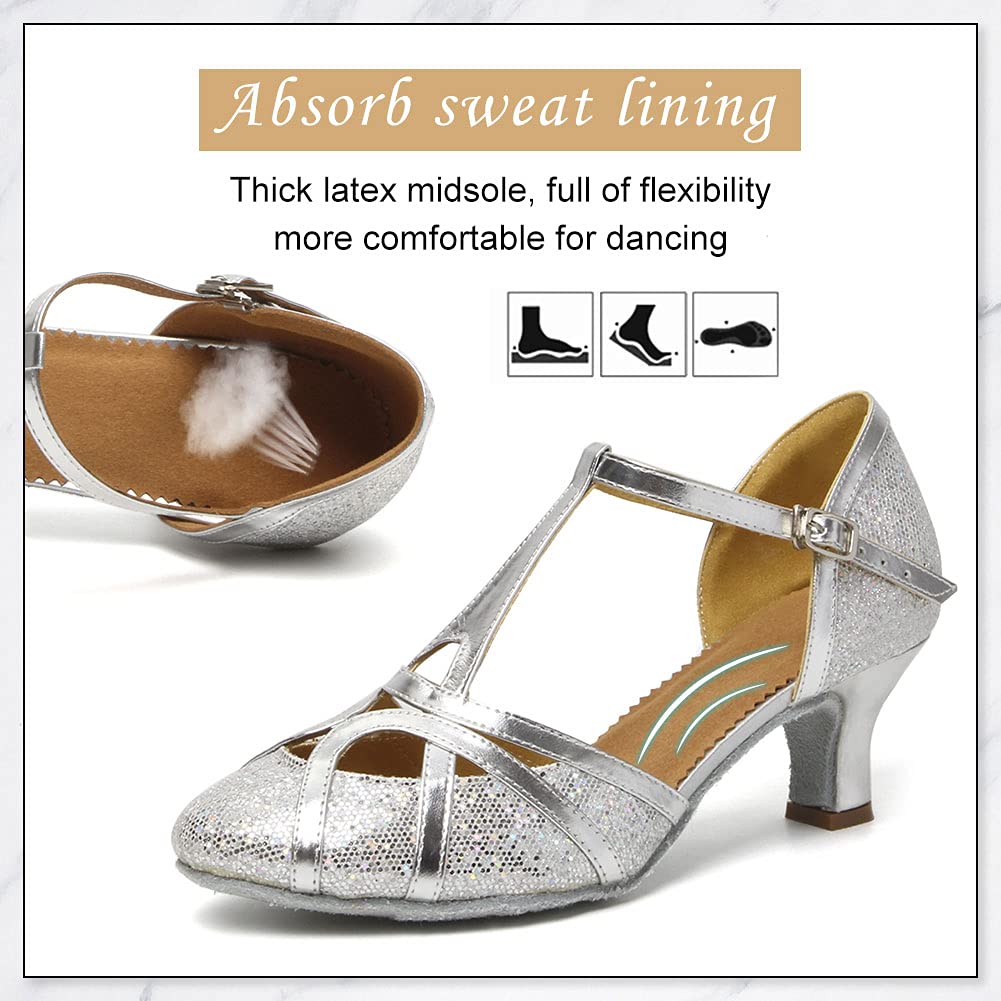 DKZSYIM Glitter Women Latin Dance Shoes Closed Toe Ballroom Salsa Tango Practice Performence Party Dancing Shoes,511-Silver-5,US 8.5