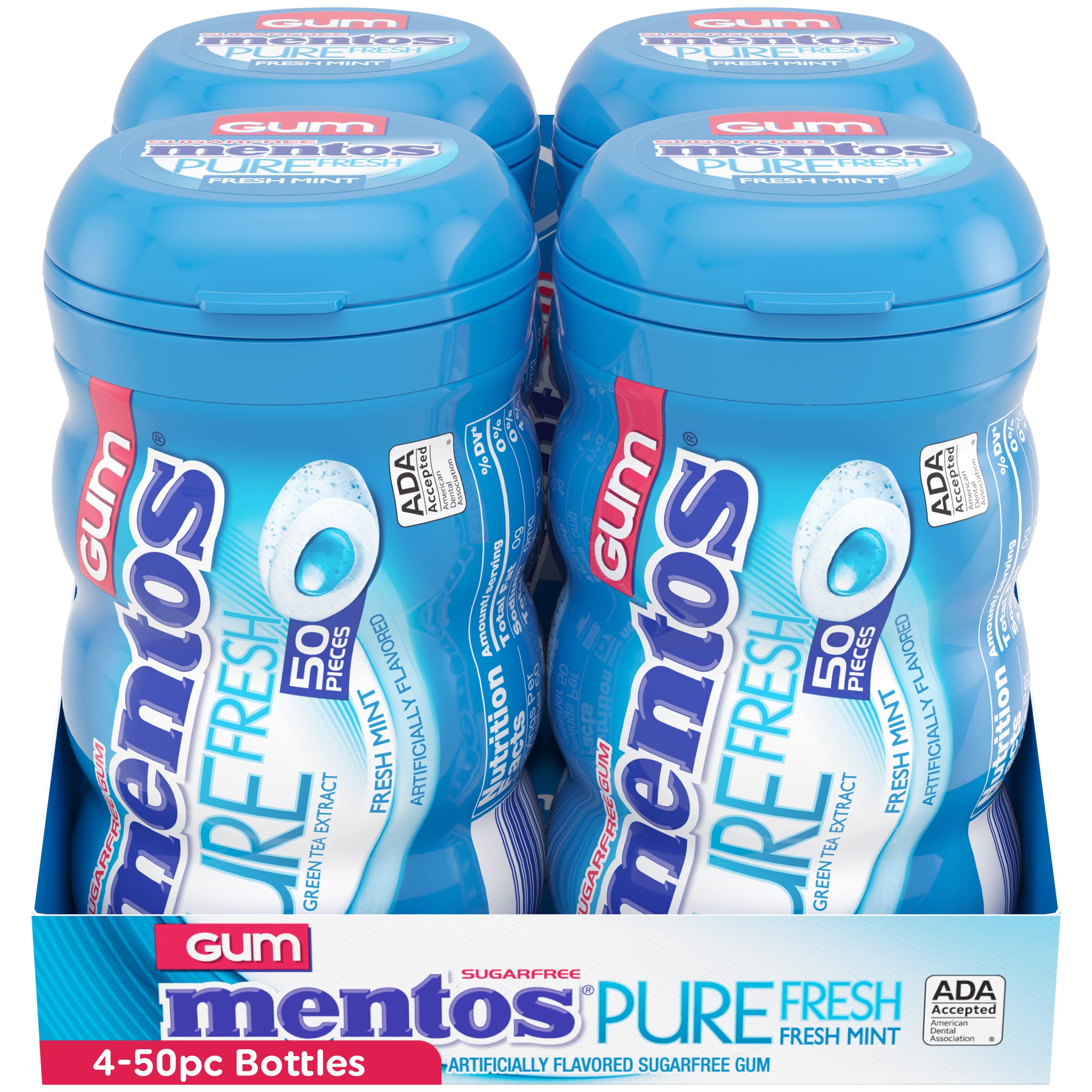 Mentos Pure Fresh Sugar-Free Chewing Gum with Xylitol, Fresh Mint, 50 Piece Bottle (Bulk Pack of 4)