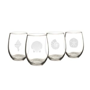 cathy's concepts sea-1110 seashell stemless wine glasses – 4 unique designs, holds up to 21 oz., 4-glass set