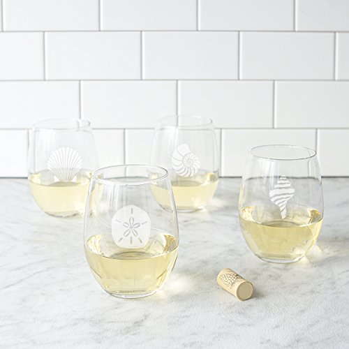 Cathy's Concepts SEA-1110 Seashell Stemless Wine Glasses – 4 Unique Designs, Holds Up to 21 oz., 4-Glass Set