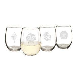 Cathy's Concepts SEA-1110 Seashell Stemless Wine Glasses – 4 Unique Designs, Holds Up to 21 oz., 4-Glass Set