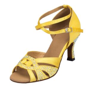 tda womens ankle strap peep toe crystals yellow satin latin modern salsa tango ballroom wedding dance shoes 8.5 m us