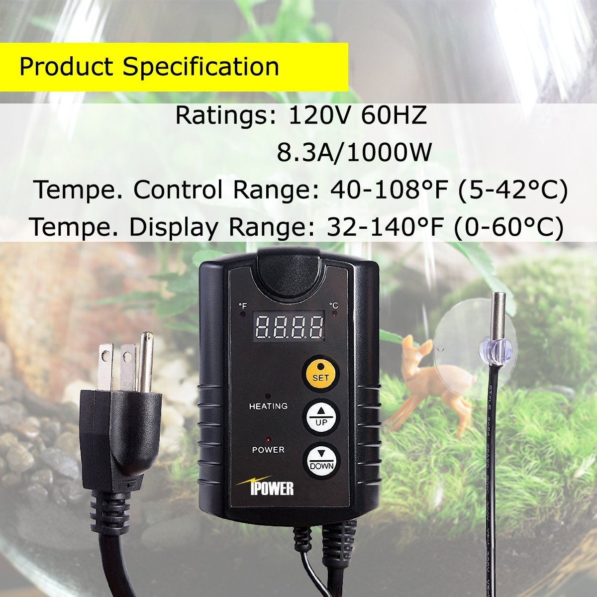 iPower GLHTMTCONTROL 40-108 Degrees Fahrenheit Digital Heat Mat Thermostat Controller for Seed Rooting Germination Reptiles, Fermentation and Brewing, 1000W-Black, Black