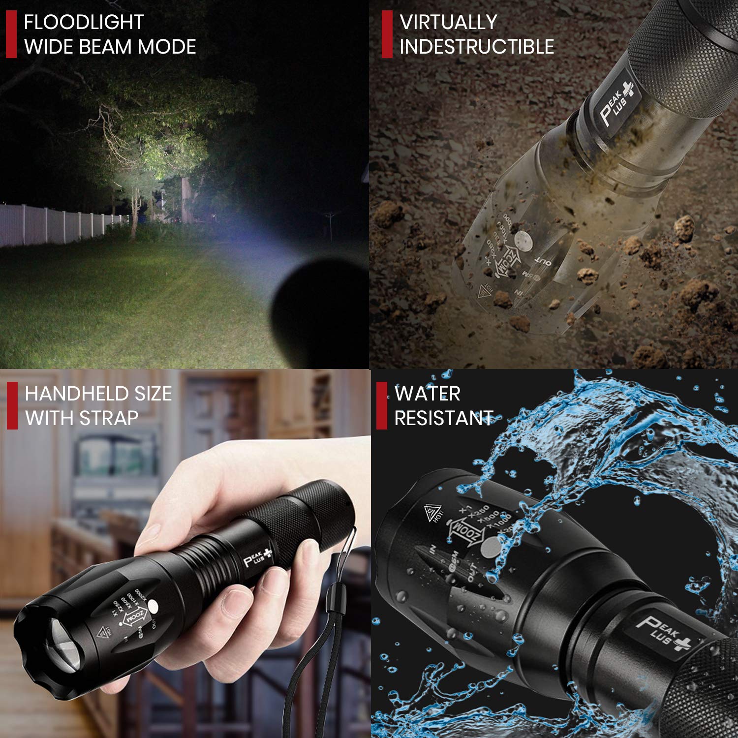 PeakPlus Rechargeable Tactical Flashlight LFX1000 (Rechargeable Battery and Charger Included) - High Lumens LED, Super Bright, Zoomable, 5 Modes, Water Resistant - Best Camping, Emergency Flashlights