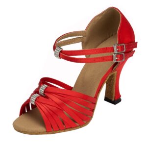 minishion women's red satin latin ballroom dance shoes wedding evening sandals 9 us