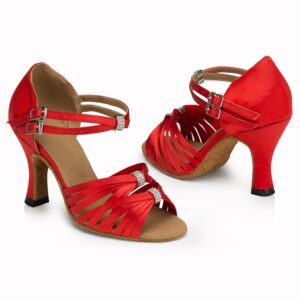 Minishion Women's Red Satin Latin Ballroom Dance Shoes Wedding Evening Sandals 9 US