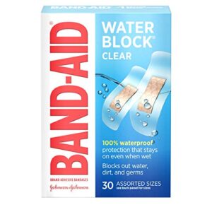 band-aid brand water block clear waterproof sterile adhesive bandages for first-aid wound care of minor cuts and scrapes, assorted sizes, 30 ct