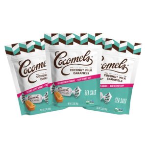 cocomels coconut milk caramels, sea salt flavor, organic candy, dairy free, vegan, gluten free, non-gmo, no high fructose corn syrup, kosher, plant based, (3 pack)