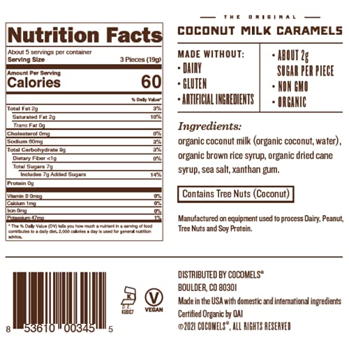 Cocomels Coconut Milk Caramels, Sea Salt Flavor, Organic Candy, Dairy Free, Vegan, Gluten Free, Non-GMO, No High Fructose Corn Syrup, Kosher, Plant Based, (3 Pack)