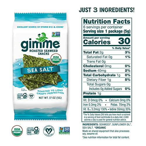 gimMe - Sea Salt Organic Roasted Seaweed Sheets Keto, Vegan, Gluten Free Great Source of Iodine & Omega 3’s Healthy On-The-Go Snack for Kids Adults 6 Count( Pack 1)