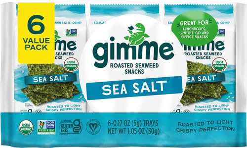 gimMe - Sea Salt Organic Roasted Seaweed Sheets Keto, Vegan, Gluten Free Great Source of Iodine & Omega 3’s Healthy On-The-Go Snack for Kids Adults 6 Count( Pack 1)