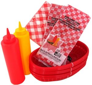 barbecue set deli diner baskets, liners, napkins & squeeze bottles bundle of 8 items for picnics, bbq's, parties, banquets, get-togethers or cookout