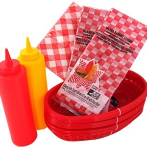 Barbecue Set Deli Diner Baskets, Liners, Napkins & Squeeze Bottles Bundle of 8 Items For Picnics, BBQ's, Parties, Banquets, Get-togethers or Cookout