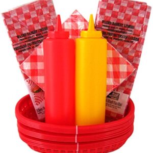 Barbecue Set Deli Diner Baskets, Liners, Napkins & Squeeze Bottles Bundle of 8 Items For Picnics, BBQ's, Parties, Banquets, Get-togethers or Cookout