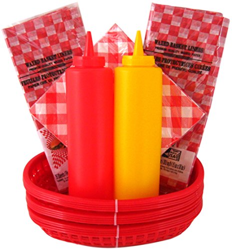 Barbecue Set Deli Diner Baskets, Liners, Napkins & Squeeze Bottles Bundle of 8 Items For Picnics, BBQ's, Parties, Banquets, Get-togethers or Cookout