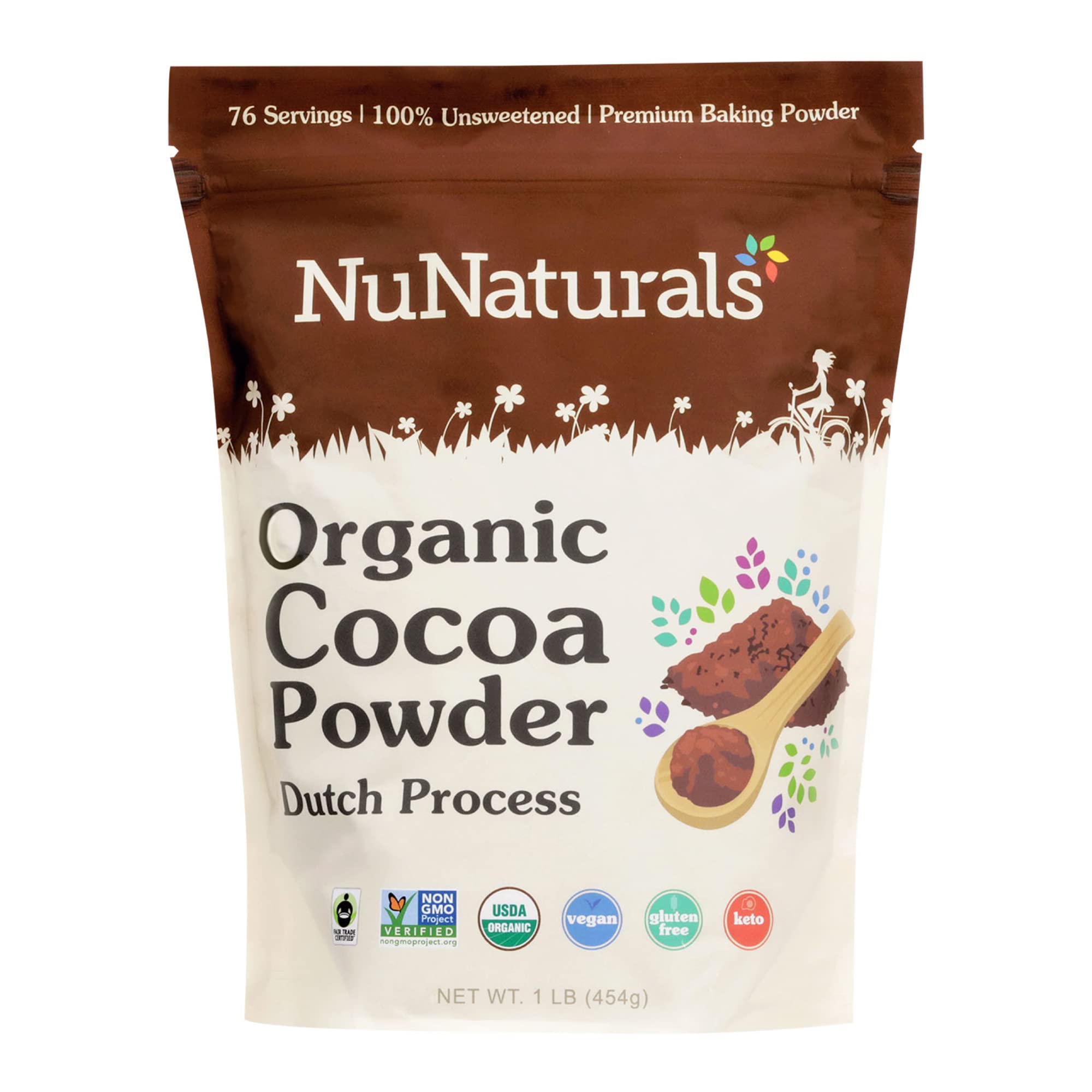 NuNaturals Organic Fair Trade Cocoa Powder, Premium Dutch-Process For Drinking and Baking, 1 lb