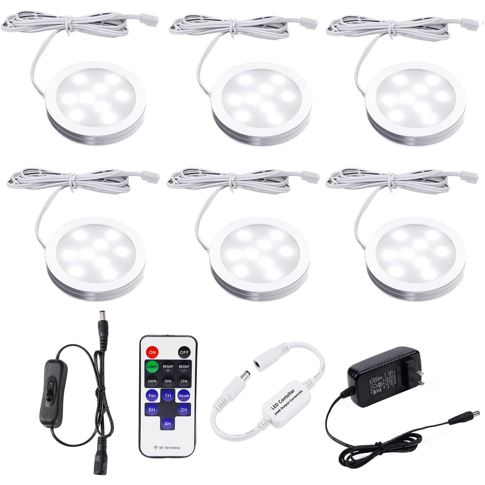 AIBOO LED Under Cabinet Lighting Dimmable with RF Remote Control, 6 LED Puck Lights, Total of 12W, for Kitchen Count Closet Wardrobe Lighting(Daylight White)