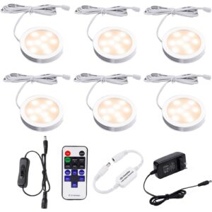 aiboo dimmable led under cabinet lighting, counter showcase kitchen lighting fixtures with 12v plug in adapter and dimmable wireless remote control, 6 ultra slim puck lights kit (warm white)