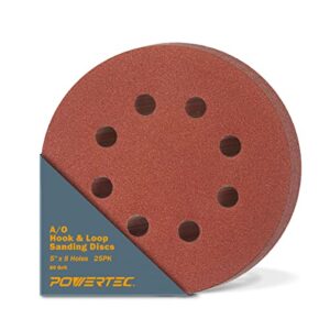powertec 45006 5 inch 8 hole hook and loop sanding discs, 60 grit, 25 pk, sandpaper for random orbital sanders