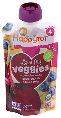 Happy Tot Love My Veggies Stage 4 Organic Toddler Food Banana Beet Squash & Blueberry, 4.22 Ounce Pouch Organic Baby Food/Toddler Food Pouches, Fruit and Veggie Blend, Full Serving of Vegetables