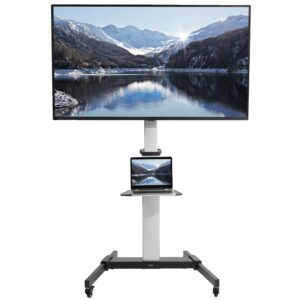 vivo aluminum mobile tv cart for 32 to 83 inch screens up to 110 lbs, lcd led oled 4k smart flat, curved panels, heavy duty stand with dvd shelf, locking wheels, max vesa 600x400, silver, stand-tv09