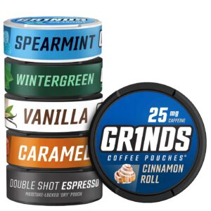 grinds coffee pouches | 6 can sampler | caramel, espresso, cinnamon roll, vanilla, wintergreen, spearmint | 1 pouch eq. 1/4 cup of coffee