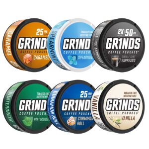 Grinds Coffee Pouches | 6 Can Sampler | Caramel, Espresso, Cinnamon Roll, Vanilla, Wintergreen, Spearmint | 1 Pouch eq. 1/4 Cup of Coffee