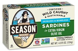 season sardines in extra virgin olive oil – skinless & boneless, wild caught, 22g of protein, keto snacks, more omega 3's than tuna, kosher, high in calcium, canned sardines – 4.37 oz tins, 12-pack