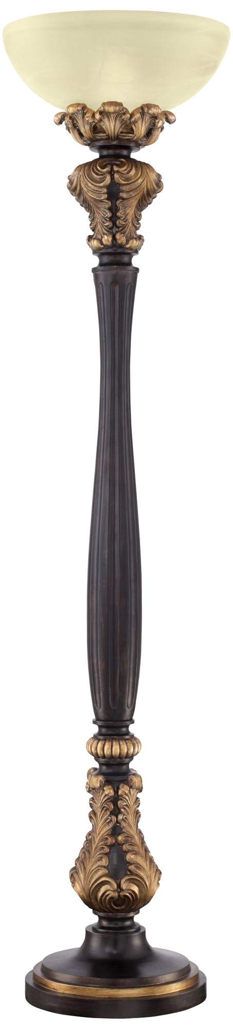 Barnes and Ivy Rita Traditional Victorian Torchiere Floor Lamp 75" Tall Carved Wood Amber Glass Shade Foot Dimmer Standing Light for Living Room Reading House Bedroom Home Office