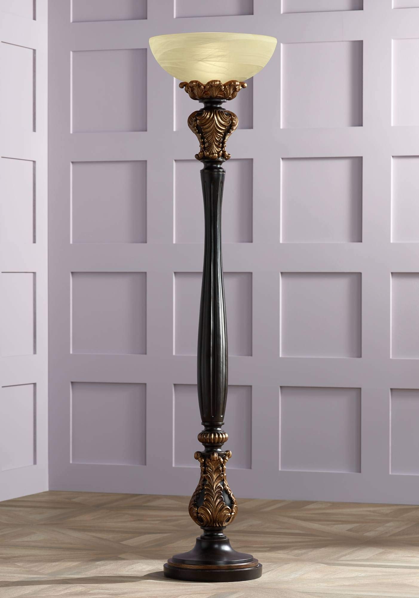 Barnes and Ivy Rita Traditional Victorian Torchiere Floor Lamp 75" Tall Carved Wood Amber Glass Shade Foot Dimmer Standing Light for Living Room Reading House Bedroom Home Office