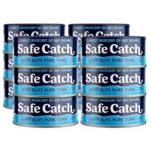 safe catch elite lowest-mercury canned solid wild tuna fish steak, every fish is tested, gluten-free, paleo, keto, kosher, non-gmo, high-protein food, 5oz cans, pack of 12