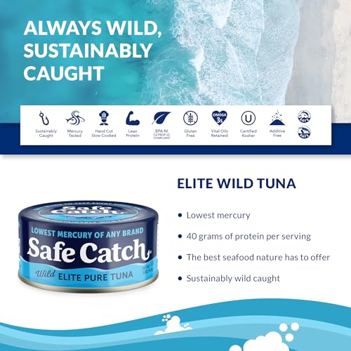 Safe Catch Elite Lowest-Mercury Canned Solid Wild Tuna Fish Steak, Every Fish Is Tested, Gluten-Free, Paleo, Keto, Kosher, Non-GMO, High-Protein Food, 5oz Cans, Pack of 12