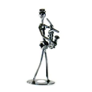 saxophone player musician figurine music gift - 5" handmade metal art sculpture nuts and bolts statues figure.