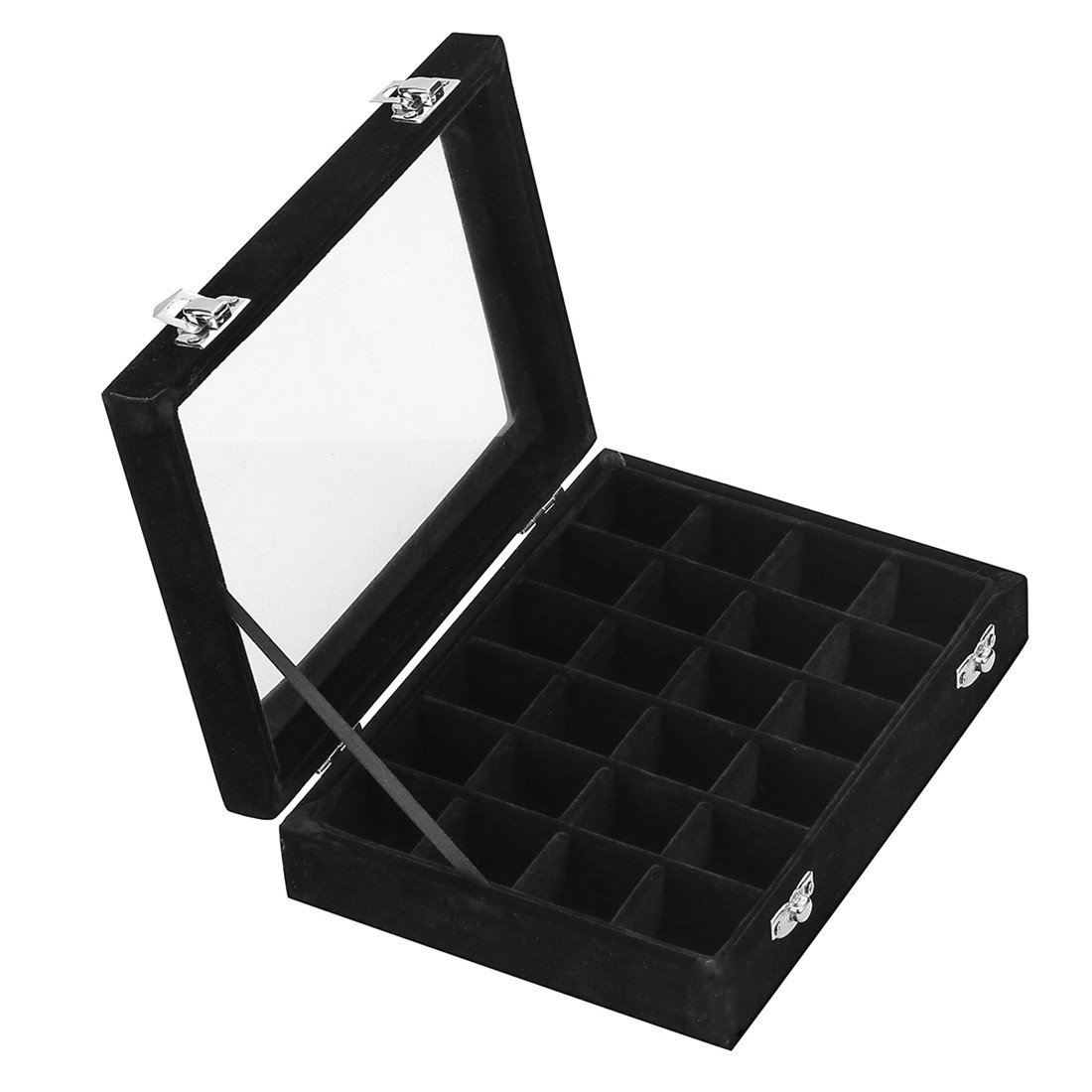 Ivosmart 24 Section Velvet Glass Jewelry Ring Display Organiser Box Tray Holder Earrings Storage Case (Black)