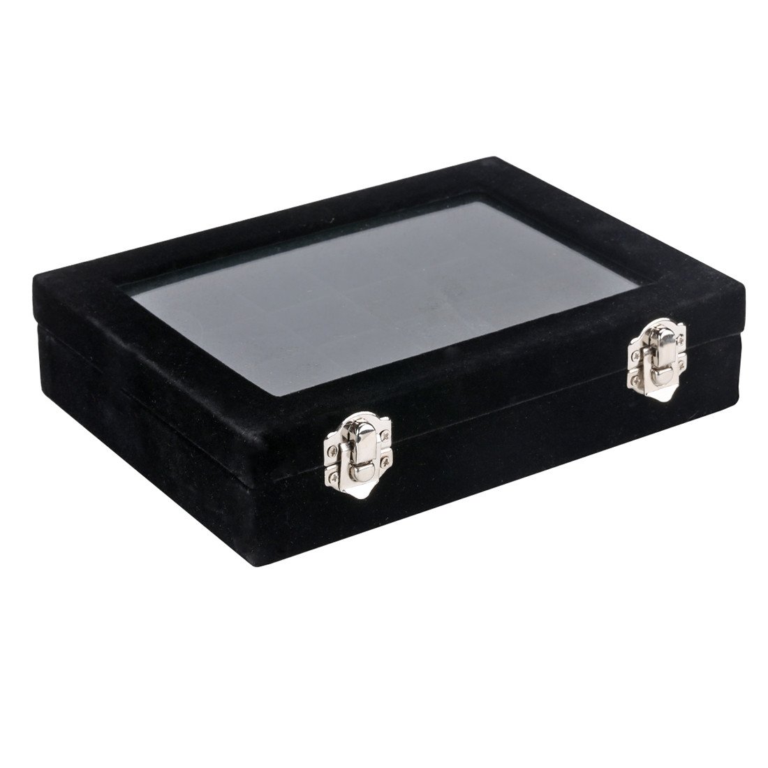 Ivosmart 24 Section Velvet Glass Jewelry Ring Display Organiser Box Tray Holder Earrings Storage Case (Black)