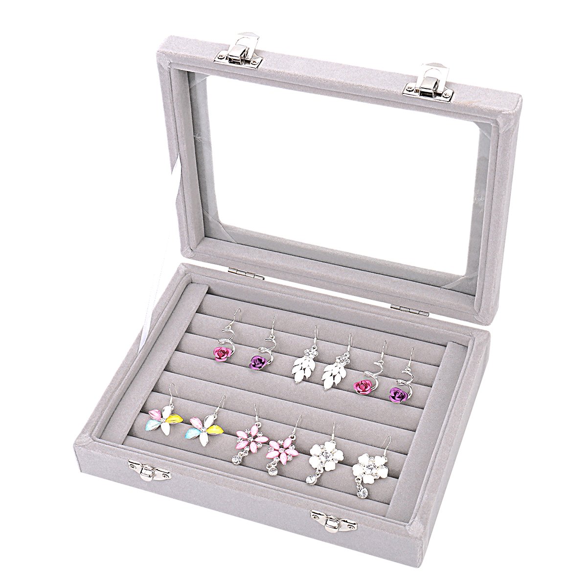 Ivosmart 7 Slots Velvet Glass Ring Jewelery Display Storage Box Tray Case Holder Earring Organizer Stand Grey