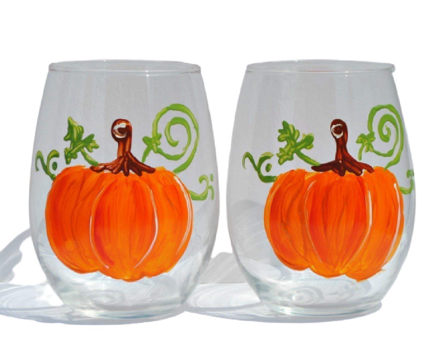 Pumpkin Hand Painted Stemless Wine Glasses Set of 2 Thanksgiving Home Decor