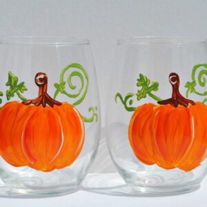 Pumpkin Hand Painted Stemless Wine Glasses Set of 2 Thanksgiving Home Decor