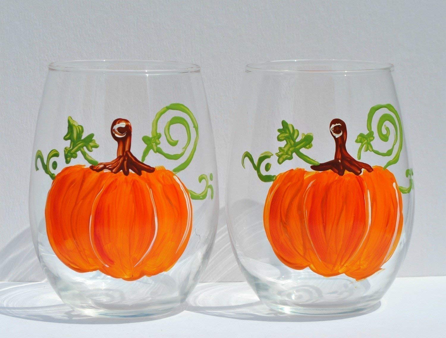 Pumpkin Hand Painted Stemless Wine Glasses Set of 2 Thanksgiving Home Decor