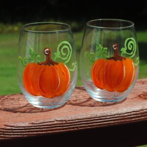 Pumpkin Hand Painted Stemless Wine Glasses Set of 2 Thanksgiving Home Decor