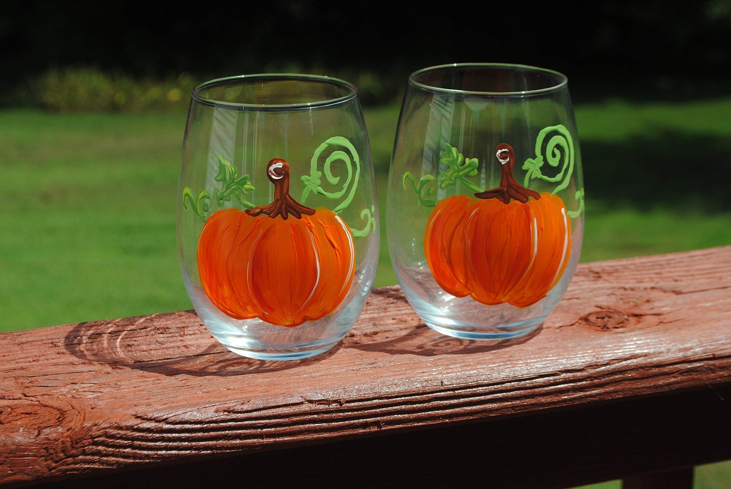 Pumpkin Hand Painted Stemless Wine Glasses Set of 2 Thanksgiving Home Decor